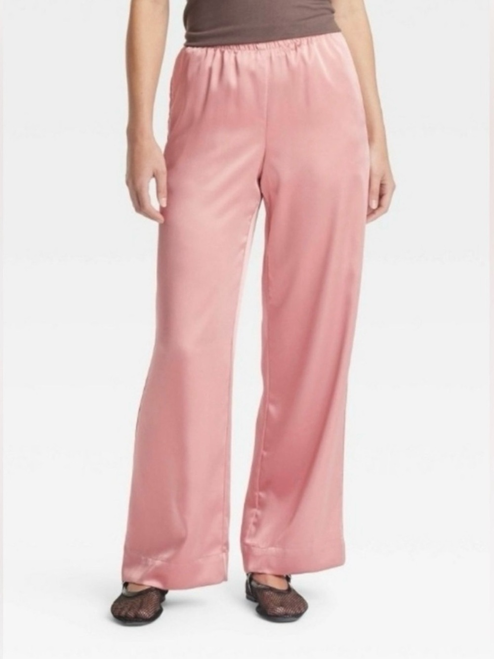 A New Day Women's Mid-Rise Straight Leg Satin Pull-On Pants Pink Size Large
